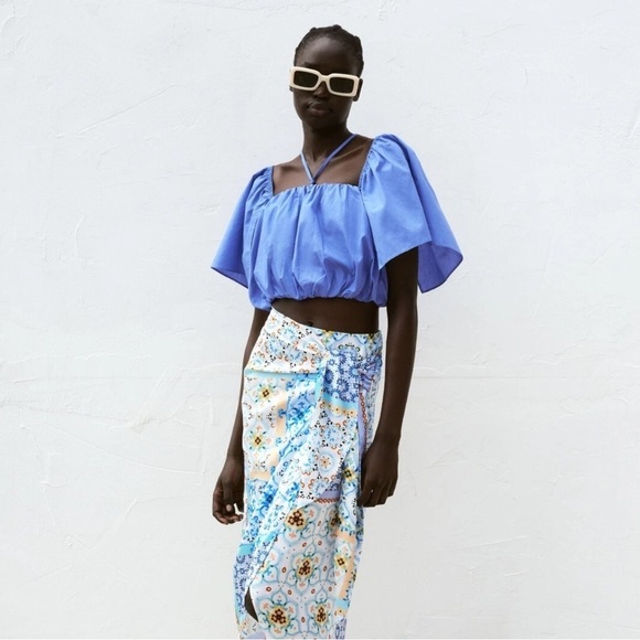 Zara Blue Ruched Ruffled Puff Crop Top - Picture 2 of 7